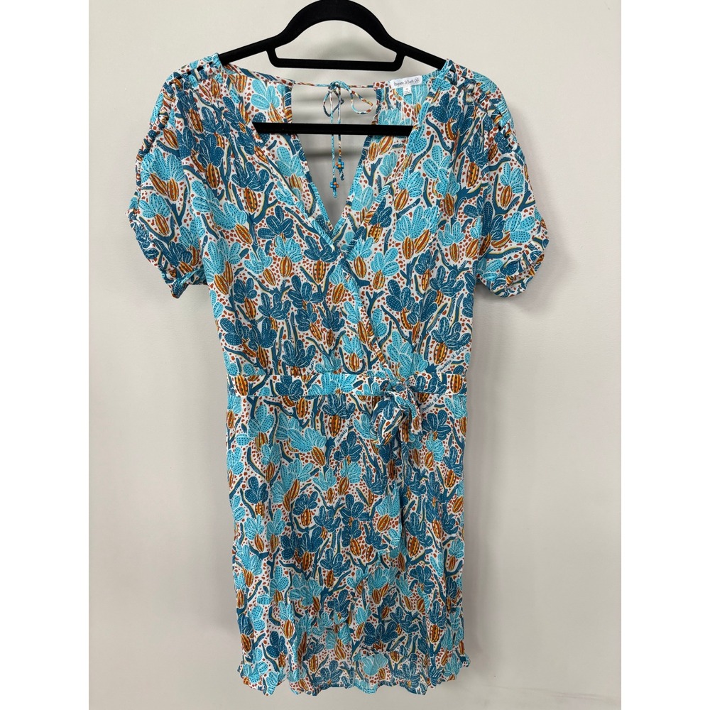 Poupette St Barth Becky‎ V Neck Mini Dress Blue Kaktus Floral Viscose